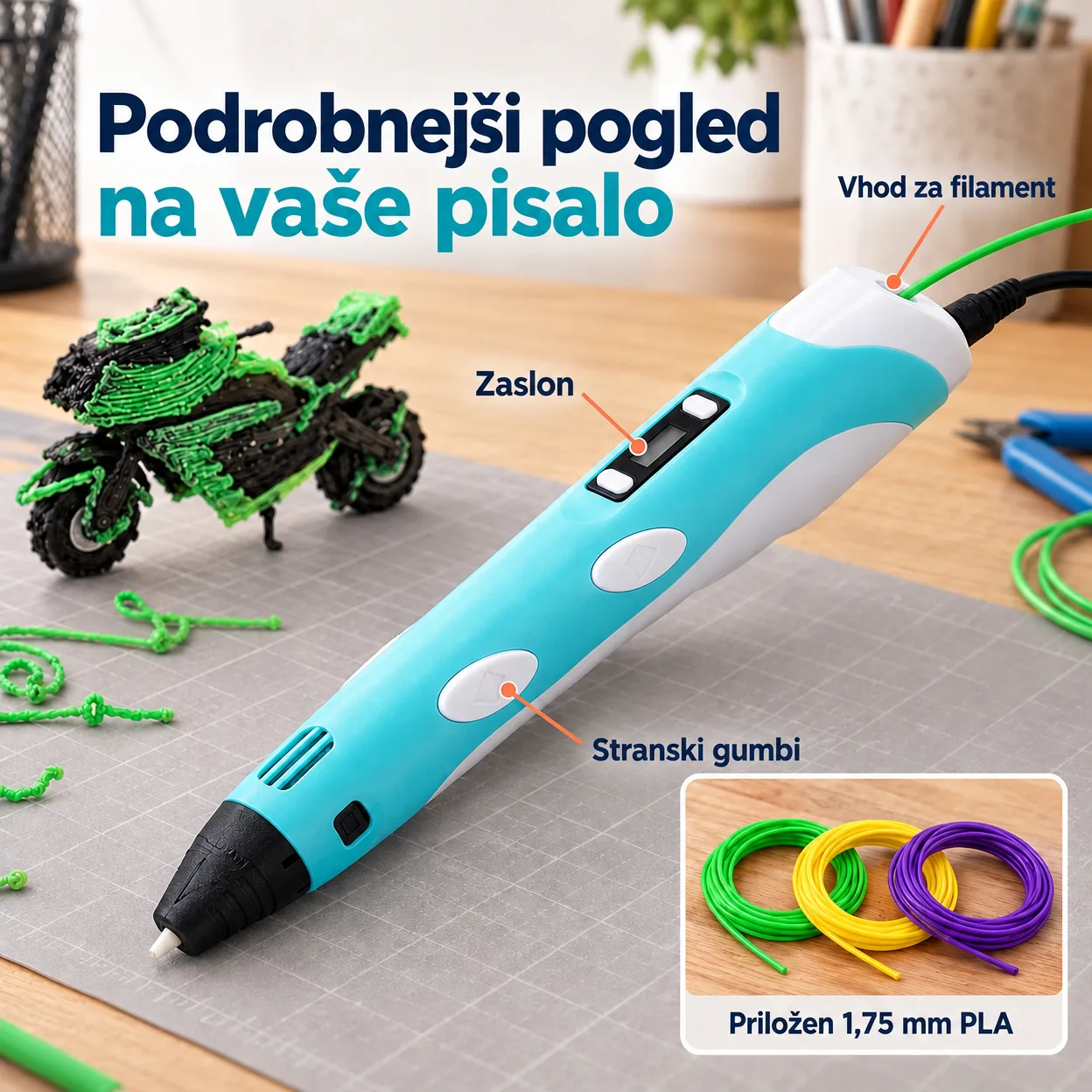 Inovativno pisalo za ustvarjanje 3D risb v 3 različnih barvah 3DPen - Image 4
